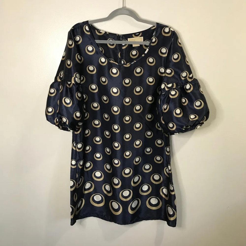 MICHAEL NWT Michael Kors Circle Blue Satin Puff Sleeve Shirt Dress Size XS